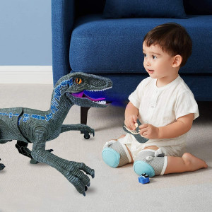 Jucarie interactiva Dinozaur cu telecomanda, Velociraptor cu lumini si sunete, Gri - Img 2