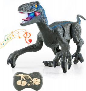 Jucarie interactiva Dinozaur cu telecomanda, Velociraptor cu lumini si sunete, Gri - Img 14