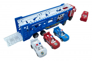 Set masinute, Camion cu Trailer Supraetajat si 5 Masinute, cu frictiune, Capota rosu, Multicolor - Img 4