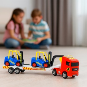 Set 3 masinute, Camion cu frictiune si 2 x mini masini, cabina rosu
