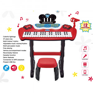 Set Complet Muzical Copii cu Pian Electronic, Microfon, si Scaunel, Karaoke, 12 Functii, Melodii si ritmuri diferite, Mp3, Posibilitatea de a conecta un telefon, Rosu - Img 4