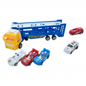 Set masinute, Camion cu Trailer Supraetajat si 5 Masinute, cu frictiune, Capota galben, Multicolor - Img 3