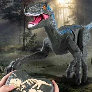 Jucarie interactiva Dinozaur cu telecomanda, Velociraptor cu lumini si sunete, Gri - Img 3