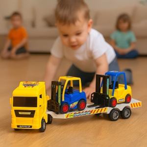 Set 3 masinute, Camion cu frictiune si 2 x mini masini, cabina galbena