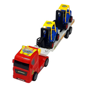 Set 3 masinute, Camion cu frictiune si 2 x mini masini, cabina rosu - Img 1