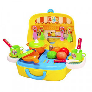Set Bucatarie Copii "Valiza pe roti" 2 in 1, maner portabil si roti, lumini si sunet, cu accesorii de bucatarie - Img 7