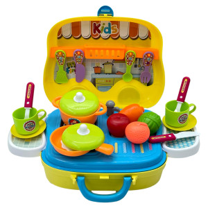 Set Bucatarie Copii "Valiza pe roti" 2 in 1, maner portabil si roti, lumini si sunet, cu accesorii de bucatarie - Img 10