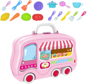 Set de joaca Bucatarie Copii "Valiza pe roti" 2 in 1, maner portabil si roti, lumini si sunet, cu accesorii de bucatarie, legume si oale, Roz - Img 10