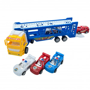 Set masinute, Camion cu Trailer Supraetajat si 5 Masinute, cu frictiune, Capota galben, Multicolor - Img 4