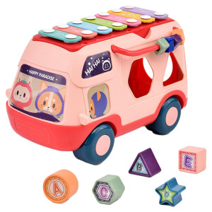Jucarie interactiva autobuz xilofon si sortare de forme, roz - Img 2