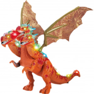 Jucarie Interactiva Dinozaur cu 3 Capete, Miscare, Sunete Si Lumini, Portocaliu
