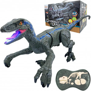 Jucarie interactiva Dinozaur cu telecomanda, Velociraptor cu lumini si sunete, Gri - Img 8