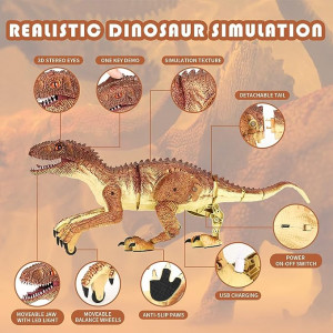 Jucarie interactiva Dinozaur Raptor Gigant cu telecomanda RC, 2.4 Ghz, sunete si lumini, Maro, 49x21x17 cm - Img 3