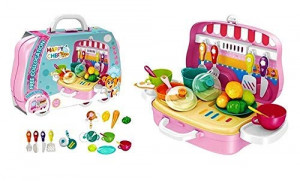 Set de joaca Bucatarie Copii "Valiza pe roti" 2 in 1, maner portabil si roti, lumini si sunet, cu accesorii de bucatarie, legume si oale, Roz - Img 9
