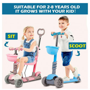 Trotineta Pentru Copii, MANINI, 5 in 1, Cu 3 Roti Luminoase, Ghidon Reglabil Pe Inaltime, Scaun Detasabil, Culoare Albastru - Img 5