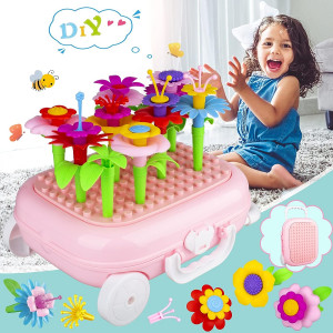 Gradina Creativa cu flori, Set joc de constructii forma Troller, roz - Img 1