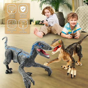 Jucarie interactiva Dinozaur cu telecomanda, Velociraptor cu lumini si sunete, Gri - Img 15