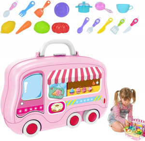 Set de joaca Bucatarie Copii "Valiza pe roti" 2 in 1, maner portabil si roti, lumini si sunet, cu accesorii de bucatarie, legume si oale, Roz - Img 11
