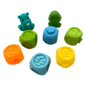 Set jucarii interactive si educative din silicon, Cuburi 8 piese, pentru dentitia bebelusilor, varsta +6 luni, multicolor - Img 10