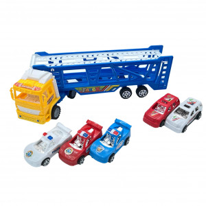 Set masinute, Camion cu Trailer Supraetajat si 5 Masinute, cu frictiune, Capota galben, Multicolor