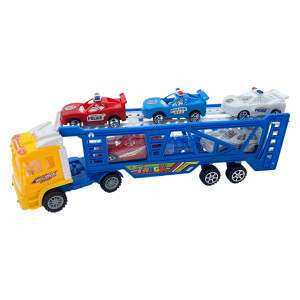Set masinute, Camion cu Trailer Supraetajat si 5 Masinute, cu frictiune, Capota galben, Multicolor - Img 6