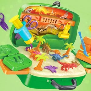 Set Plastilina pentru copii, Set creativ cu Dinozauri "Valiza pe roti" 2 in 1, maner portabil si roti, cu plastilina si accesorii forme - Img 1