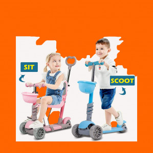 Trotineta Pentru Copii, MANINI, 5 in 1, Cu 3 Roti Luminoase, Ghidon Reglabil Pe Inaltime, Scaun Detasabil, Culoare Albastru - Img 11