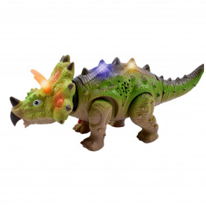 Jucarie Dinozaur Cu Baterii Triceratops, Lumini Multicolore, Sunete Si Miscari Realiste Interactive, Verde, 25 cm - Img 5