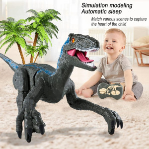Jucarie interactiva Dinozaur cu telecomanda, Velociraptor cu lumini si sunete, Gri - Img 5