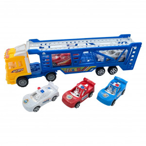 Set masinute, Camion cu Trailer Supraetajat si 5 Masinute, cu frictiune, Capota galben, Multicolor - Img 5