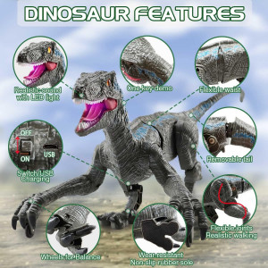 Jucarie interactiva Dinozaur cu telecomanda, Velociraptor cu lumini si sunete, Gri - Img 16