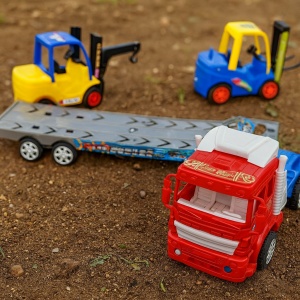 Set 3 masinute, Camion Trailer capota rosu, Masinuta, Motostivuitor, cu frictiune,Multicolor - Img 8