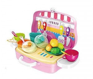 Set de joaca Bucatarie Copii "Valiza pe roti" 2 in 1, maner portabil si roti, lumini si sunet, cu accesorii de bucatarie, legume si oale, Roz - Img 12