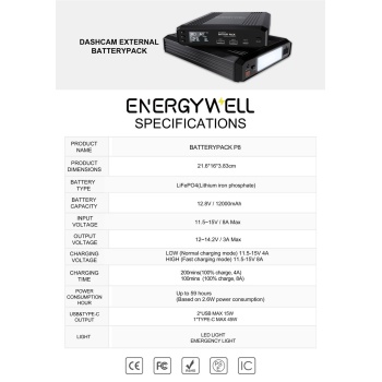 Baterie externă pentru camera auto | model P8 | 12.8V – 12000mAh (165.6W) - Img 10