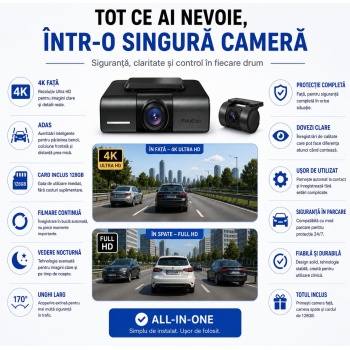 Cameră auto de bord 4K, față-spate, 128Gb card inclus, funcție ADAS plus, aplicație smartmobile și PC, inteligență artificială pentru monitorizarea temperaturii de funcționare, garanție 3 ani, FINEVU, model GX4K-2CH-128G - Img 2