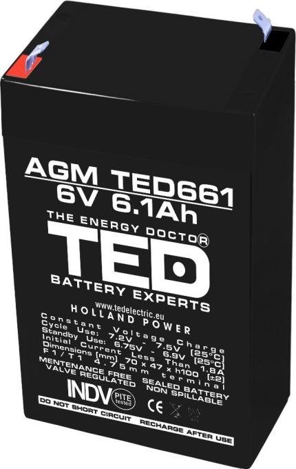 Acumulator 6V Stationar VRLA, Dimensiuni 70 x 48 x 101 mm, Baterie 6V 6.1Ah, TED Electric TED002938