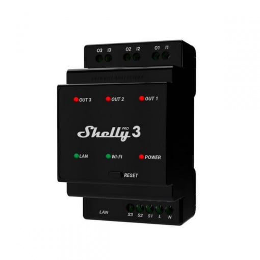Shelly PRO 3 WiFi + Ethernet cu 3 grupuri si suport pentru șină DIN