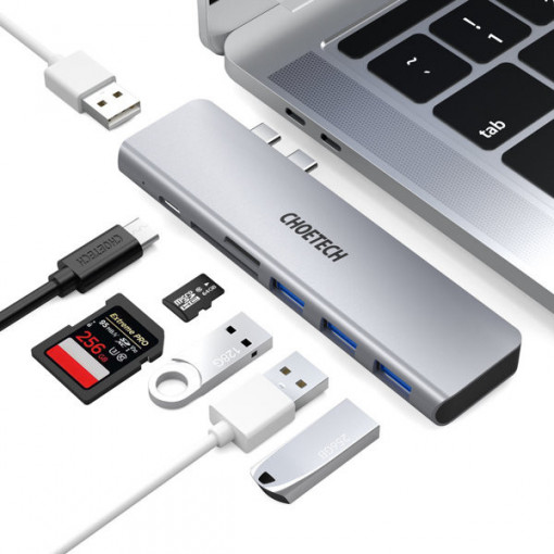 Stație de andocare Choetech pentru Apple MacBook Pro / MacBook Air Adaptor HUB USB tip C 7w2 100W PD Gri