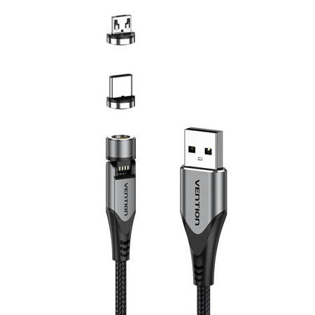 Cablu magnetic 2 în 1 USB la USB-C/Micro-B USB Vention 0,5 m (gri)