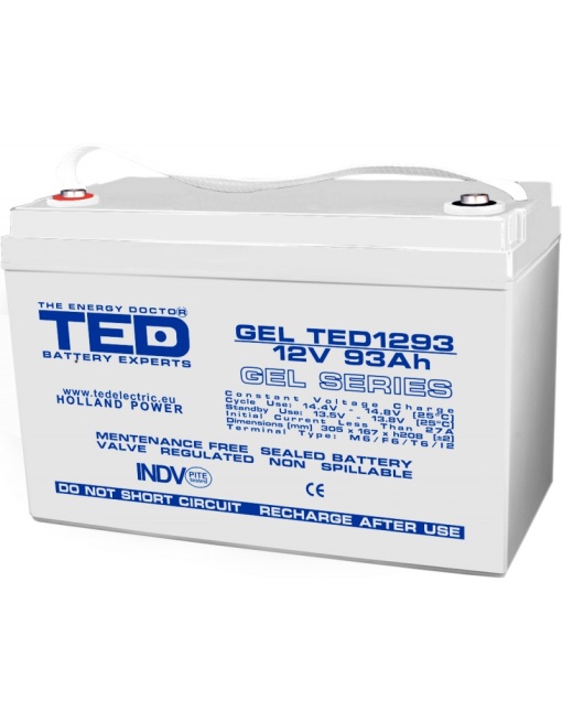 Acumulator 12V GEL Deep Cycle Solar, Dimensiuni 305 x 167 x 208 mm, Baterie 12V 93Ah M8, TED Electric TED003485