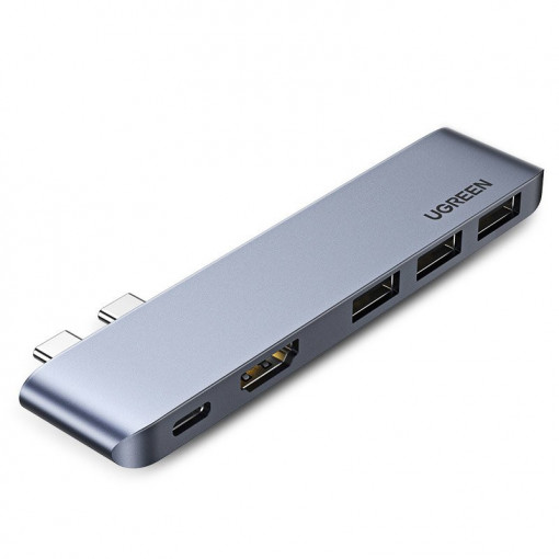 HUB multifunctional UGREEN 2x USB Typ C - USB Typ C PD (Thunderbolt 3 100W 4K@60 Hz 10 Gbps) / HDMI 4K@30 Hz / 3x USB 3.0 pentru MacBook Pro / Air gray (60559)