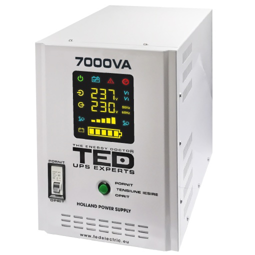 UPS Pentru Centrala, Sursa Curent Centrala 7000VA 5000W cu Ecran LCD si Sinusoidala Pura, Utilizeaza 4x Baterie 12V, Ted Electric TED001696