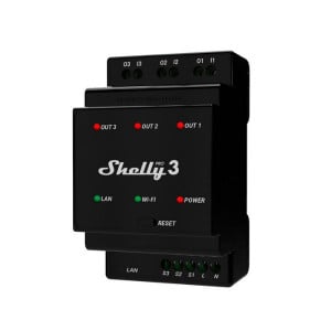 Shelly PRO 3 WiFi + Ethernet cu 3 grupuri si suport pentru șină DIN