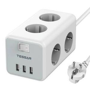 Prize prelungitor 2 m cu 6 prize, 3 porturi USB (5V/2,4A) și comutator pornit/oprit