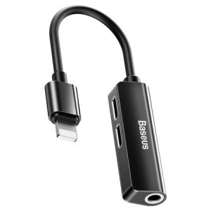 Adaptor audio Baseus L52 Lightning la mini mufă 3,5 mm și 2x Lightning (negru)