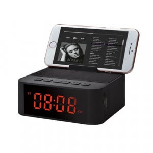 Ceas cu alarmă suport telefon cititor de card micro SD Radio FM negru
