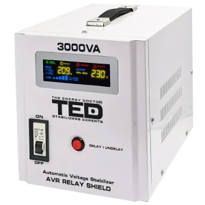 Stabilizator tensiune 1800W 230V cu 2 iesiri Schuko si sinusoidala pura + ecran LCD cu valorile tensiunii, TED Electric TED000149