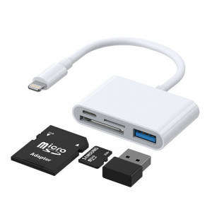 Adaptor Joyroom cu cititor de carduri SD și TF, port USB OTG conector Lightning alb