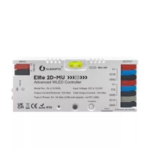 Controler LED avansat Gledopto Elite 2D-MU – RGBIC cu două canale, cu microfon, USB-C, ESP32 și Wi-Fi (GL-C-615WL)