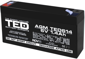 Acumulator 6V Stationar VRLA, Dimensiuni 97 x 24 x 52 mm, Baterie 6V 1.4Ah F1, TED Electric TED002839